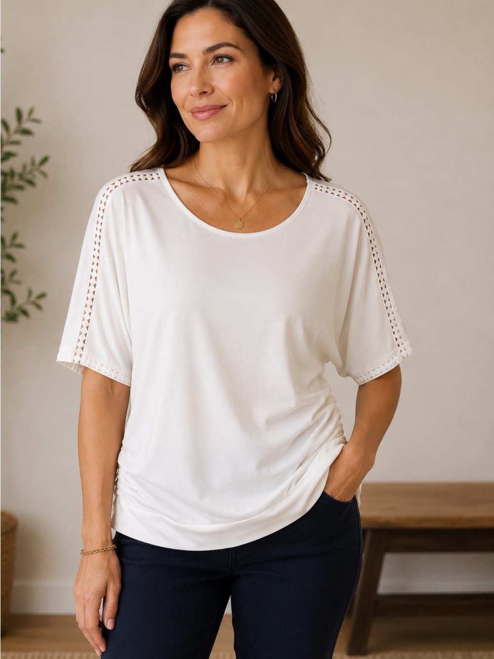 Peter Nygard White Short Sleeve Top with Crochet Trim